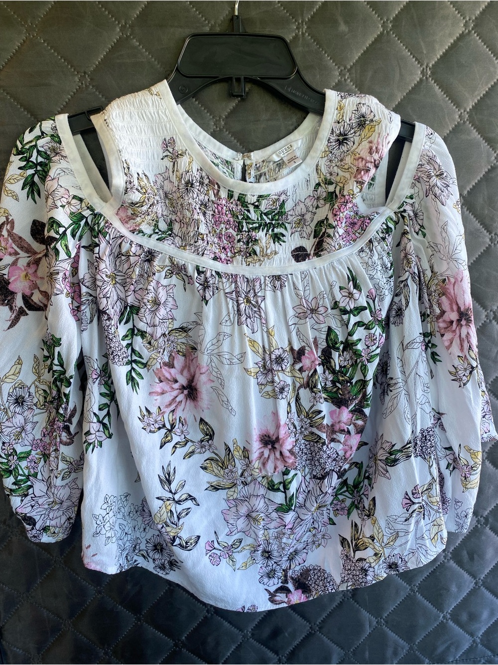 GUESS White Cold-Shoulder Floral Blouse with Pink & Green Print